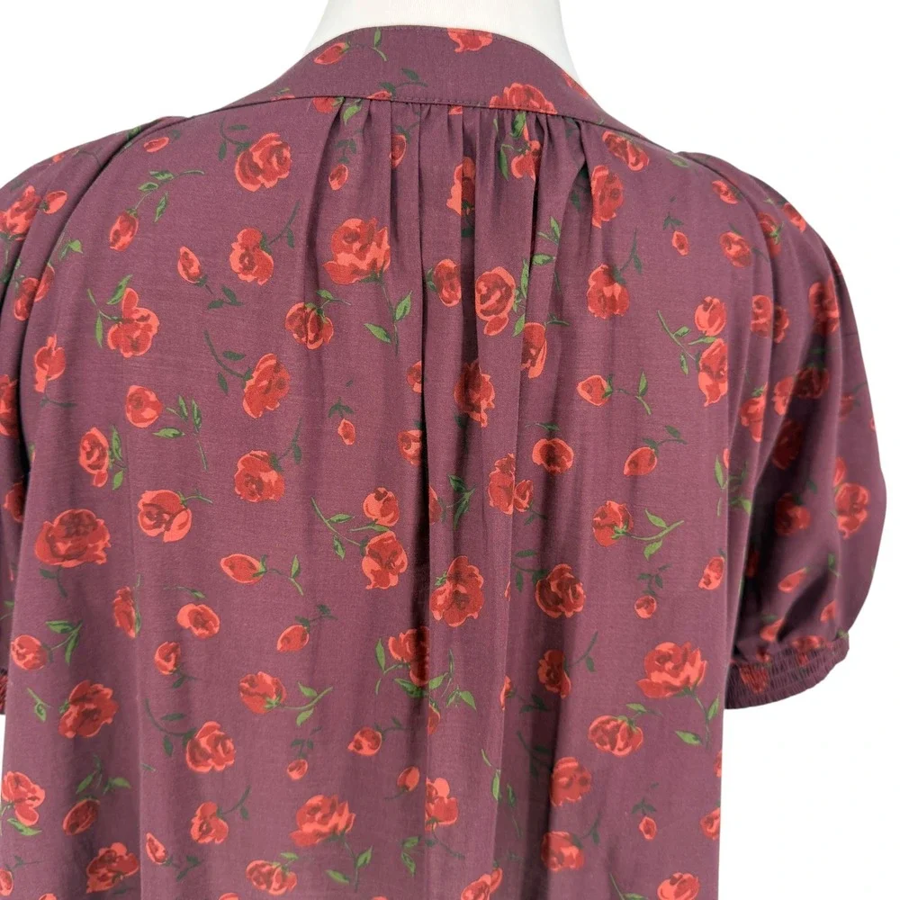 Reformation Calia Burgundy Rose Floral Top Size Small Pintuck Puff Sleeve Button